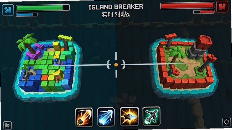 Island Breaker ʵʱ��ս�����ͼ����������Ǽ�����ɫ���鵺�죬�Ҳ��ǵз����죬�м�����׼�ߣ��ײ��м��ܰ�ť��������ʾ˫��Ѫ��������UI��࣬ɫ�ʶԱ����������ֶ�ս��Χ