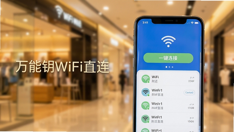 һ�������ֻ���Ļ��д����Ļ����ʾ����ԿWiFiֱ���������棬����������Ŀ�ġ�һ�����ӡ���ť�͸���WiFi�б���������ģ�����ִ��̳��ڲ�������ůɫ���ƹ⣬�ֻ�λ�ڻ�������ƫ�ң���������������ǳɫ���֡�����ԿWiFiֱ���������廭������������ͻ������ʵ�ñ�ݵ��ص�