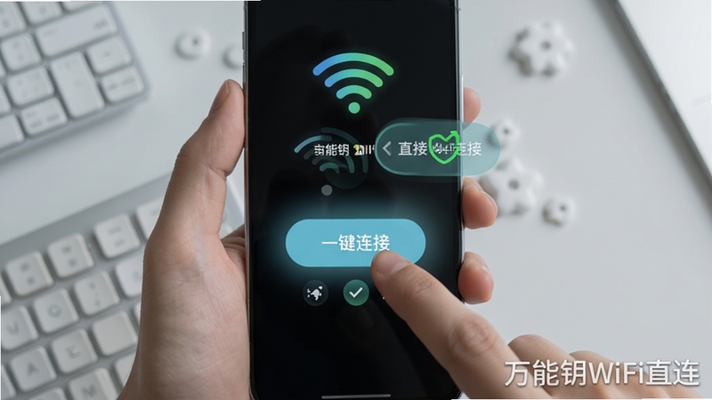 ����ԿWiFiֱ���������������ͼ���չʾ��һ���ֻ��������У���ָ�����Ŀ�ġ�һ�����ӡ���ť����Ļ�Ϸ���ʾWiFi�ź�ǿ��ͼ�꣬��Χ����͵Ĺ�Ч�����ӳɹ�����ʾ����������Ϊǳ��ɫ���棬�����࣬ǿ���������ӵ��ص㣬�������ơ�����ԿWiFiֱ������ˮӡ��ʽ�����ڻ������½�