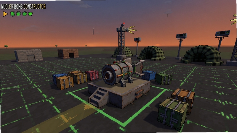 Nuclear Bomb Constructor ɳ�н���ģʽ��ͼ��չʾһ���տ������鳡��������������ߣ�һö������Ƶ�װ�ñ����������뷢��̨�ϣ���Χɢ���Ų�ͬ��ɫ�Ĳ����䣬Զ���з�������������豸����ճ��ֻƻ�ɫ���������Χ���Ͻ��ִ���һ˿��Ϸ���е����ɸ�