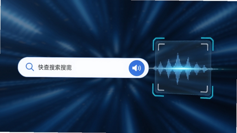 快查极速搜索功能演示图,动态模糊效果背景,前景是干净简洁的搜索框,语音输入波形与扫描框同时出现,科技蓝为主色调,光影动感强烈,高性能质感