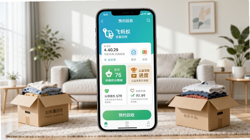 飞蚂蚁旧衣服回收app界面预览图,展示手机应用主页,有预约回收按钮、环保积分商城、公益项目进度等板块,背景是简约现代风格的客厅,有整理好的旧衣物纸箱,色调明亮清新