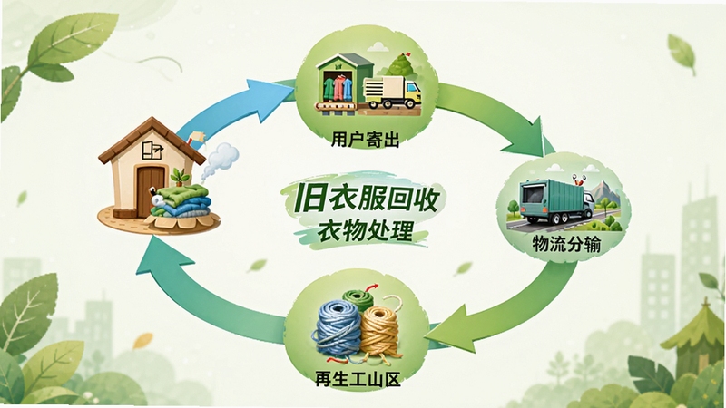 飞蚂蚁旧衣服回收衣物处理流程图解,画面中央是一张动态信息图,展示从用户家中寄出、物流运输、工厂分拣、再生加工成纱线或捐赠给山区的完整闭环,背景为简洁的绿色环保风格,标注清晰图标