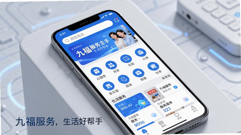 九福服务主界面预览图,展示app在手机上的整体布局,上方为搜索栏和banner位,中部为功能图标网格,下方为服务卡片列表,界面清新简洁,主色调为蓝色和白色,背景为浅灰色的手机展示台,光线柔和,细节丰富,整体风格现代科技感,配文“九福服务,生活好帮手”