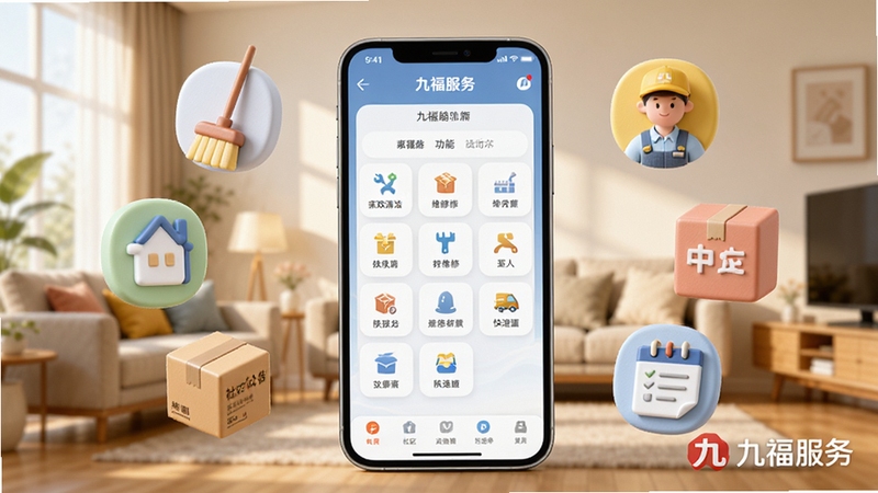 九福服务功能聚合展示图,画面中央是一部显示九福服务app功能菜单的手机,周围环绕着家政清洁、维修工人、快递包裹、社区公告等3D图标元素,背景为明亮的现代客厅场景,暖色调光线,构图清晰,突出“一站式”的服务概念,带有九福服务的logo水印