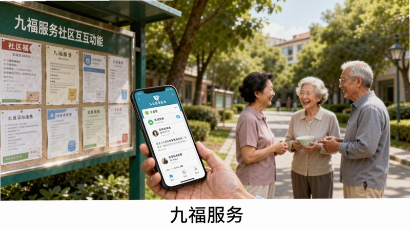 九福服务社区互动功能场景图,画面展示一位居民在手机上查看九福服务推送的社区活动通知,背景是社区公告栏和绿树成荫的小区道路,有几位邻居在愉快交谈,画面风格写实明亮,突出社区生活气息与九福服务的连接作用,图片底部有“九福服务”字样
