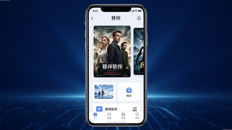 移伴软件主界面预览图,画面中心为手机屏幕展示移伴应用,背景为深蓝色科技感渐变,界面元素有高清影视海报和简洁功能图标,整体风格现代、清晰、明亮,突出软件的智能与便捷特性,竖版构图适合移动端展示