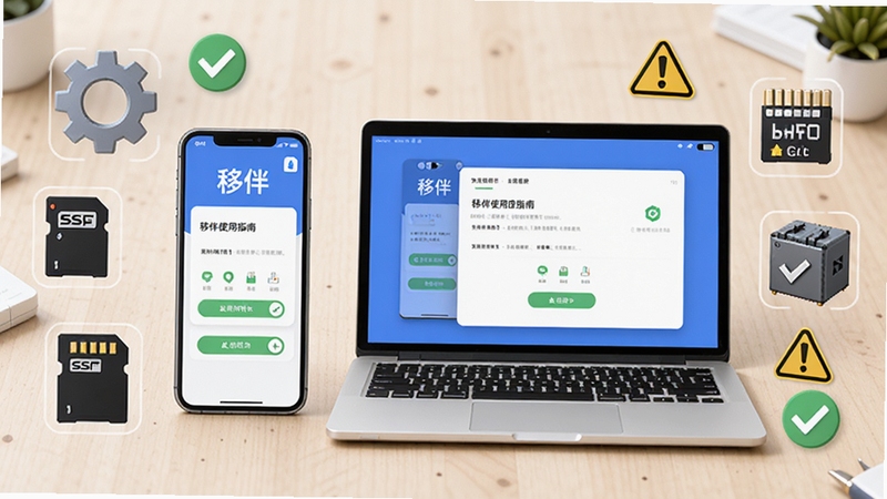 移伴使用指南示意图,画面为一部智能手机和一台笔记本电脑并排放置,屏幕中都显示移伴应用的操作界面,周围环绕设置齿轮、SD卡、解码器图标,背景为浅色工作台,配有绿色对勾和黄色警告符号,强调安装与优化的正确步骤,整体风格简洁明快