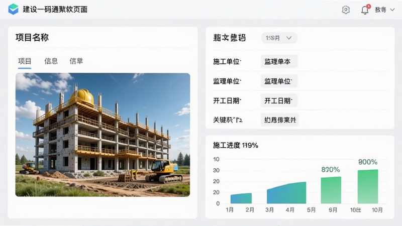 建设一码通软件的项目信息聚合页面截图,左侧为项目名称与效果图,右侧清晰罗列施工单位、监理单位、开工日期等关键字段,下方用图表展示施工进度百分比,UI设计强调信息层级分明,采用卡片式布局,色彩清新,背景为浅灰色,突出数据可视化与一码集成的便捷性。