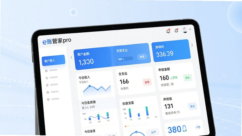 现代简约风格的财务软件主界面展示图,画面中央是e账管家pro的仪表盘,显示今日收入、支出、净利等核心数据图表,背景为淡蓝色渐变,整体界面清爽明亮,带有手机或平板设备外观,屏幕内清晰呈现e账管家pro的logo和账户余额卡片,色彩以蓝白为主,科技感十足