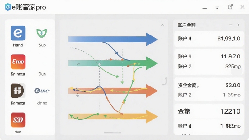 e账管家pro的多账户管理界面截图,左侧显示不同支付渠道图标,中间为资金流向箭头图,右侧为账户余额列表,背景为浅灰色,整体设计扁平化,突出数据整合与同步概念,颜色搭配和谐,包含e账管家pro品牌字样