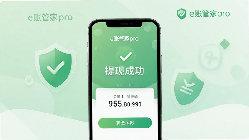 e账管家pro的提现成功界面示意图,画面显示手机屏幕上有“提现成功”字样和到账金额,背景为柔和的绿色背景,带有盾牌安全图标和e账管家pro的logo,整体风格简洁,传达安全可靠的信息