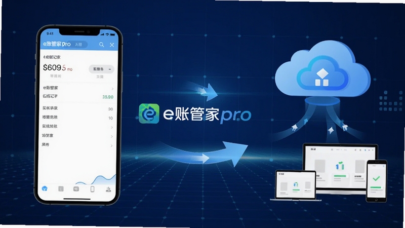 e账管家pro的云端同步概念图,画面左侧是手机端离线记账界面,右侧是云端服务器与多设备同步动画,背景为带网格的技术蓝,中间有e账管家pro的logo和同步箭头,视觉上突出连接和可靠性