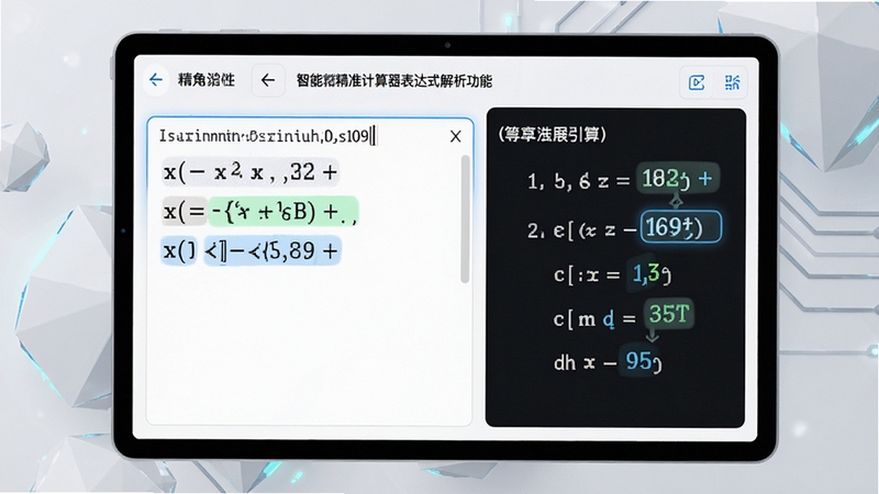智能精准计算器表达式解析功能截图,显示输入框内复杂算式与逐步演算结果,界面采用白底高亮显示不同运算部分,背景搭配浅灰色几何图形,科技感十足