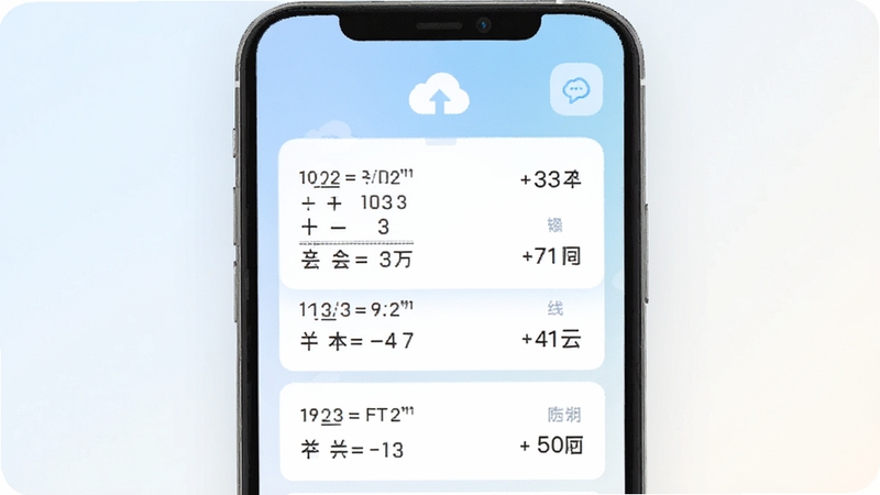 智能精准计算器历史记录与云同步功能界面,展示竖版列表记录按键与云朵同步图标,背景为浅色渐变,卡片式布局,每条记录包含算式与结果,界面清爽友好
