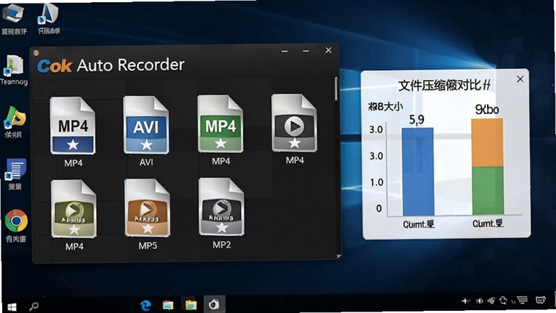 Cok Auto Recorder ��Ƶ��ʽѡ����棬չʾ MP4��AVI �ȸ�ʽͼ�꣬����Ϊ��ɫ�������棬�Ա����ļ���С�Ա�ͼ������ѹ�����ܣ�����רҵ����