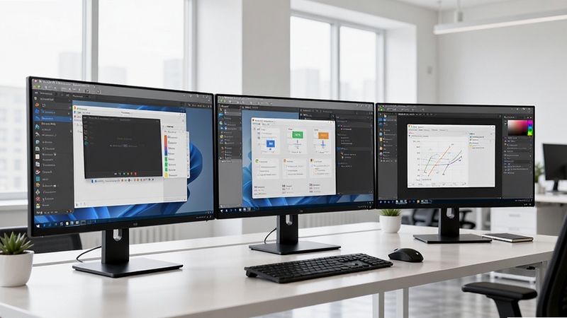 WindowManager ����ʾ����������ͼ������չʾһ���������ִ����칫�����棬������̨��ʾ���������У�ÿ̨��ʾ���϶������Ų�ͬ��Ӧ�ó��򣬴��ڱ�����ط����ڲ�ͬ��Ļ�����������������ͣ��������࣬ͻ��רҵ��Ч�Ķ���Эͬ�칫��Χ