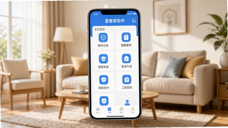 星管家软件主界面预览图,展示首页服务分类图标排列,背景为温馨的客厅场景,手机屏幕居中,UI界面简洁现代,色彩以蓝白为主色调,图标清晰可辨,整体画面明亮通透,突出智能生活管家的定位