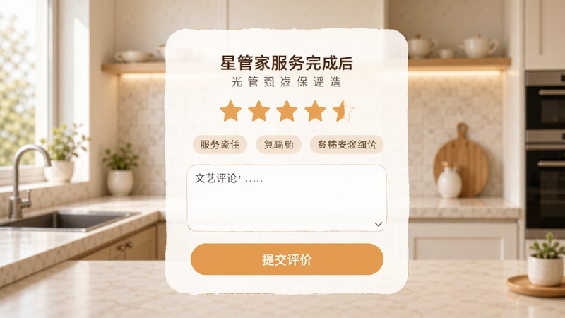 星管家服务完成后的评价页面设计图,显示星级评分、标签选项与文字评论框,背景包含干净整洁的厨房环境,界面柔和,配有“提交评价”按钮,整体色调温馨,强调服务闭环的完善性