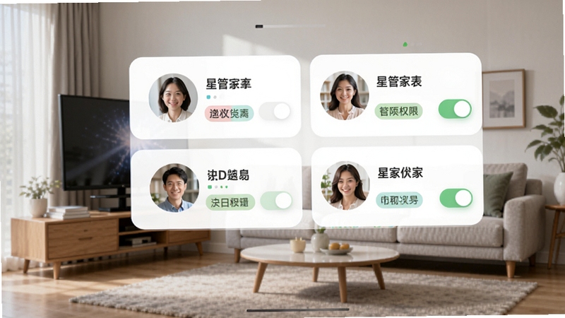 星管家APP家庭管理成员列表界面,显示不同成员头像与权限标签,背景为现代客厅一角,界面采用卡片式布局,开关控件清晰,色彩明快,体现软件在多人协作管理上的细致考量