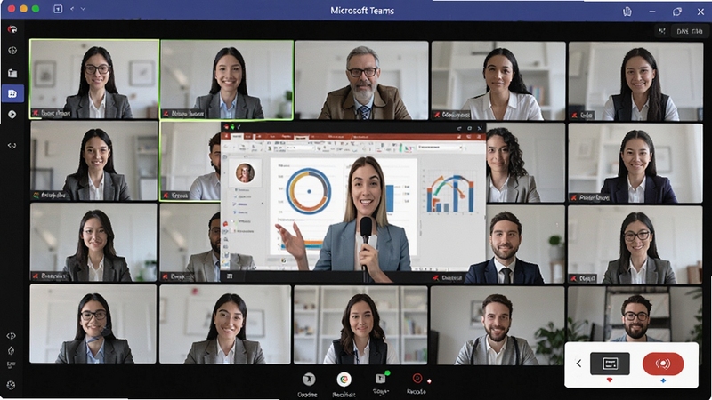 չʾMicrosoft Teams ������Ƶ������棬��Ļ�ж�����Ƶ�����������룬����һλ�ݽ������ڹ�����ĻչʾPPTͼ�������½��п�����Ļ��¼�ư�ť������������������������UI����ɾ��ִ���Microsoft Teams Ԥ��ͼ
