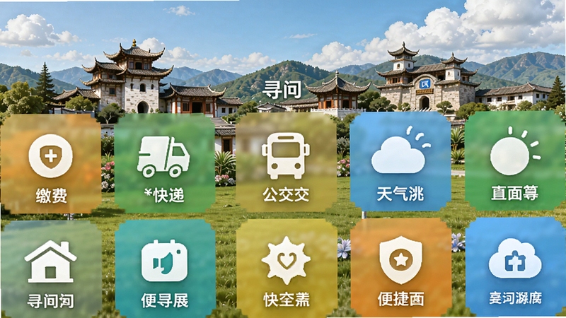 幸福寻甸生活服务功能展示,图标网格排列,包含缴费、快递、公交、天气等入口,背景为寻甸地标建筑,配色清新,体现便捷性与全面性