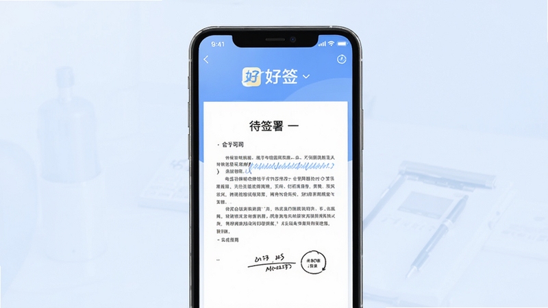 一张好签软件主界面预览图,画面中央展示一份待签署的电子合同文档,上方有“好签”品牌标识,背景为淡蓝色渐变,整体风格简洁商务,突出移动端签署场景,界面元素清晰可见