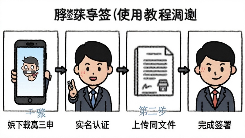 好签软件使用教程流程图,画面采用分步骤漫画形式,第一步手机下载应用,第二步进行实名认证,第三步上传合同文件,第四步完成签署,每个步骤下方有简单文字说明,背景为白底,人物形象为简易商务风格,整体清晰明了
