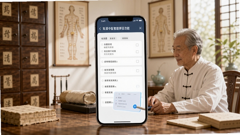 知源中医智能辨证功能示意图,画面中央为手机界面展示体质测试问卷,背景是中医诊室场景,有老中医把脉、草药柜与人体经络图挂画,自然光线下色调柔和,突出科技与传统结合,细节丰富。
