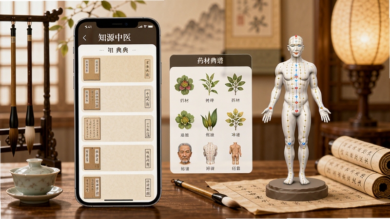 知源中医主界面预览图,展示手机屏幕中中医典籍列表、药材图谱与经络穴位三维模型,背景为淡雅的中式书房场景,有毛笔、茶盏与书卷,暖色调灯光,画面清晰明亮,突出软件专业与古朴气质,整体风格写实且具有文化氛围。
