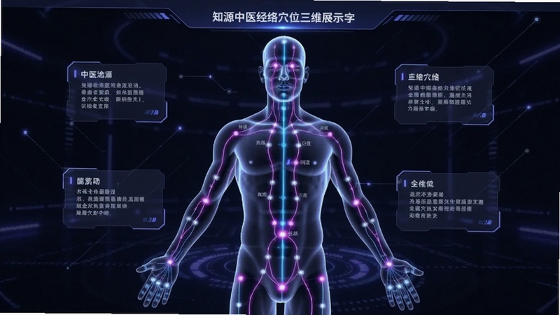 知源中医经络穴位三维展示界面,背景为深色科技感空间,半透明人体模型清晰显示发光经络与穴位点,周围环绕文字说明卡片,界面简洁现代,蓝紫色调,突出高科技与传统中医结合。