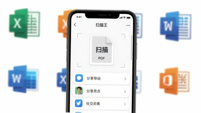 扫描王导出分享功能示意图,手机界面展示将扫描文件以PDF格式导出并分享到社交应用的选项列表,背景包含常见的办公软件图标,整体风格干净直观