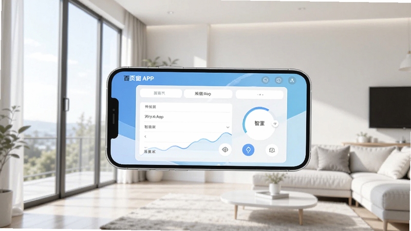 百页窗软件主界面预览图,画面中央是手机横屏展示百页窗APP控制面板,背景为明亮简约的客厅落地窗,窗外有自然光线洒入,整体色调清爽干净,突出智能家居氛围