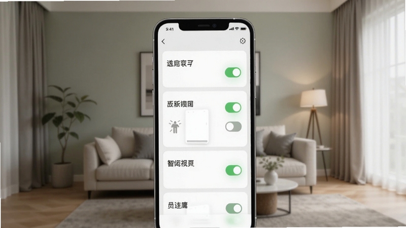 百页窗多设备管理界面截图概念图,画面展示手机APP内多个窗帘设备卡片整齐排列,每个卡片显示房间名称与开关状态图标,背景为现代家居客厅一角,色调柔和,突出智能控制中心概念