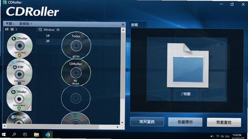 CDRoller 主界面预览图,展示软件在 Windows 环境下运行,左侧为光盘卷标与轨道列表,右侧为文件预览与恢复操作按钮,界面简洁专业,背景为深蓝色调,突出数据恢复主题,整体画面清晰明亮,包含 CDRoller 软件名称标识