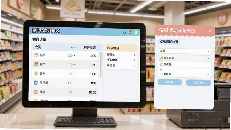 星宇免费超市收银软件会员管理功能界面,屏幕显示会员列表与积分储值信息,旁边有促销活动设置窗口,背景为超市内部环境,界面清晰,色彩柔和
