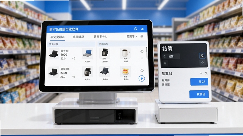 星宇免费超市收银软件主界面预览图,画面中央是简洁明亮的收银台操作界面,左侧显示商品列表,右侧为结算区域,背景是模糊的超市货架,整体色调蓝白相间,风格现代清爽,细节丰富,比例16:9