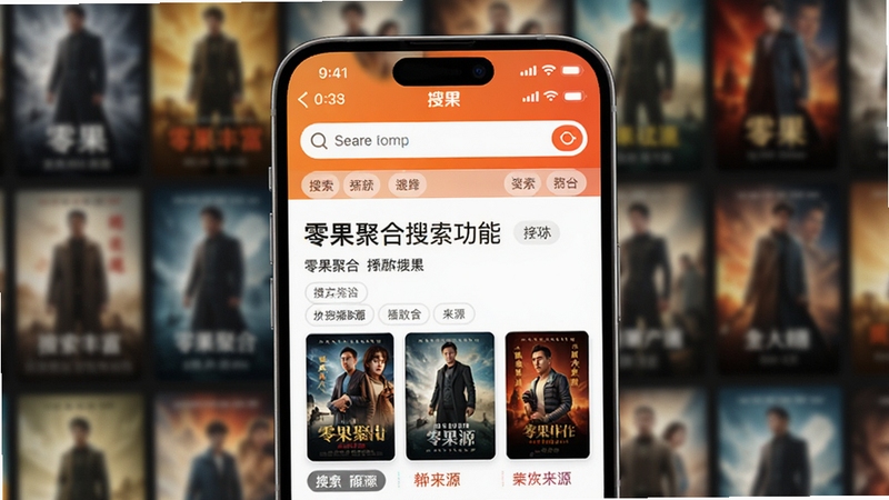 零果聚合搜索功能展示,画面主体为零果APP搜索结果显示页,背景模糊显示各类影视海报墙,强调搜索结果丰富,多个播放源标签并列展示,视觉元素包含搜索框、清晰的海报缩略图与来源标识