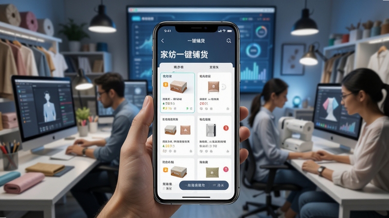 找家纺一键铺货操作界面,手机屏幕显示同步多个电商平台成功,背景为忙碌的电商工作室,画面科技感强