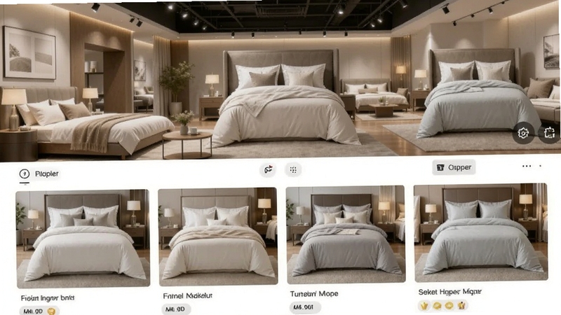 找家纺APP货源浏览页面,展示多款床品四件套商品图,背景为现代家纺展厅,画面明亮温馨