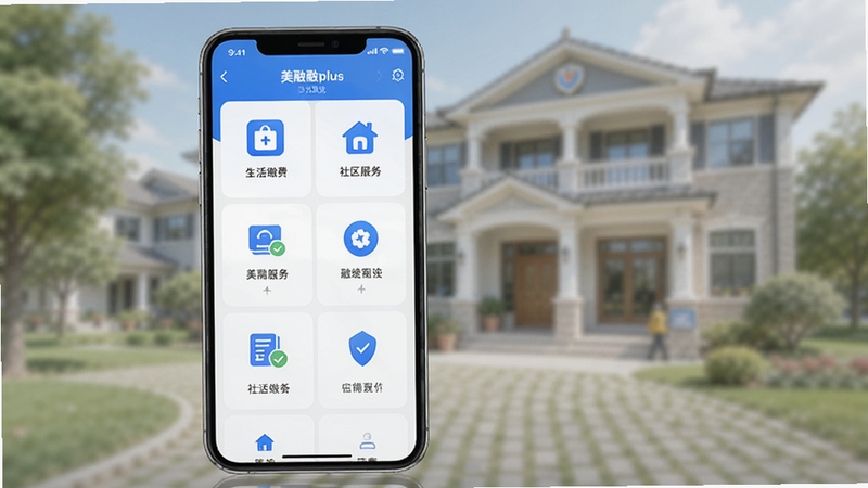 美融融plus 官方预览图,展示应用主界面,采用简洁清新的设计风格,背景虚化处理,前景突出手机屏幕上的功能列表图标,包含生活缴费、社区服务等模块,整体色调以蓝色和白色为主,营造出可靠、专业的视觉氛围。