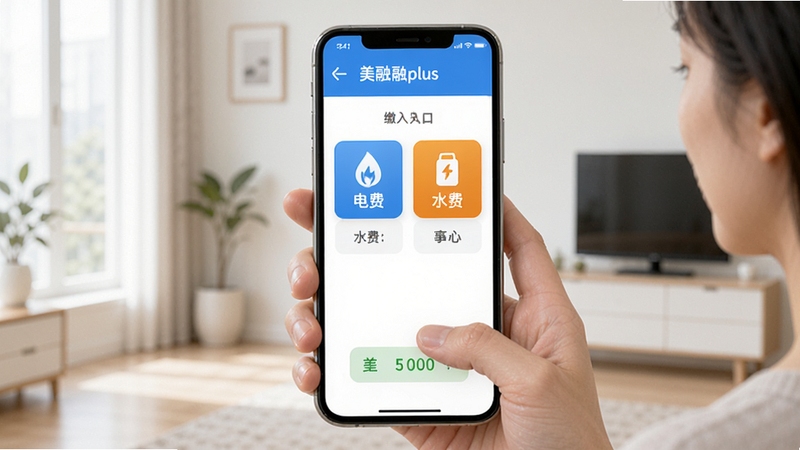 美融融plus 生活缴费功能截图,界面显示电费、水费、燃气费的缴纳入口,每个图标色彩鲜明,背景为干净整洁的室内环境,模拟用户正在使用手机完成缴费流程,突出便捷与安全。