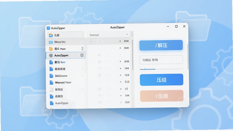 AutoZipper 主界面预览图,画面主体为软件主窗口悬浮于抽象浅蓝渐变背景之上,窗口内展示简洁的文件列表与醒目的解压/压缩按钮,背景区域辅以半透明的文件夹与齿轮线条图标,整体风格现代、明亮,突出智能与高效。