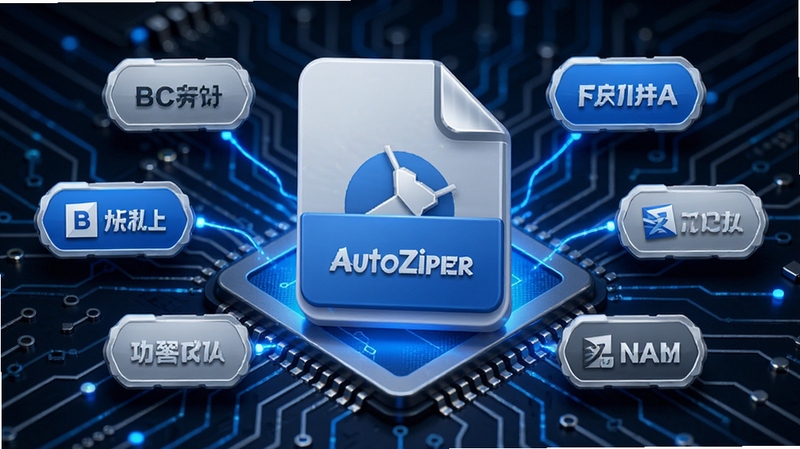 AutoZipper 格式识别功能展示图,画面主体为一个放大的压缩包文件图标,其周围环绕着多个格式标签徽章,背景为电路板风格的数据流线条,色彩以科技蓝与银灰为主,强调软件的兼容性与技术底蕴。