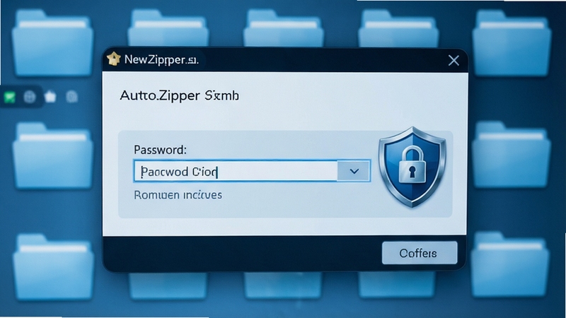 AutoZipper 加密设置操作特写,画面主体为软件内新建压缩包的对话框,聚焦于带有密码输入框的加密区域,旁边有盾牌形状的安全标识,背景为模糊处理的文件夹阵列,色调偏冷,营造出安全、可靠的视觉氛围。