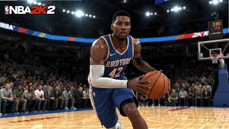 NBA2K Online2游戏主界面预览图,画面中央为一名持球突破的球星,背景是灯光璀璨的现代篮球馆,观众席座无虚席,画面细节丰富,光影效果逼真,采用写实风格,整体色调明亮且有临场感,突出篮球竞技氛围。