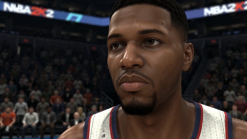 NBA2K Online2游戏画面特写,展示球员面部细腻建模与球衣细节,背景为体育馆内景,观众与灯光虚化,突出球员写实质感,画面清晰锐利,光影自然,展现次世代画质。