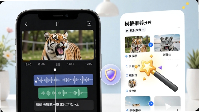 剪辑虎智能一键成片功能示意图,手机屏幕内显示自动生成的视频时间线,配有音乐波形和字幕轨道,旁边有魔法棒图标,背景明亮清新,突出模板推荐界面