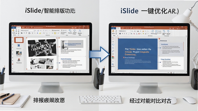 չʾiSlide�����Ű湦�ܲ���ǰ��ԱȻ��棬���Ϊ�Ű���ҵ�PPTҳ�棬�Ҳ�Ϊ����iSlideһ���Ż��������ҳ�棬�м��м�ͷָʾ������Ϊ��ɫ����̨��ͻ�����ܴ��������Ը���Ч��