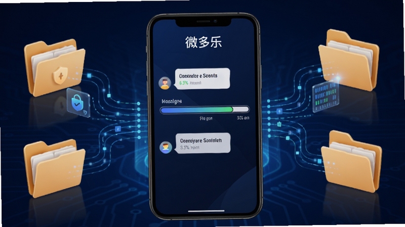 微多乐数据备份功能示意图,画面中央显示手机屏幕内正在执行聊天记录备份任务,进度条清晰可见,周边环绕文件夹图标与数据流动线条,背景为深蓝科技风格,突出安全可靠,界面标注微多乐品牌名称,整体色调沉稳专业。
